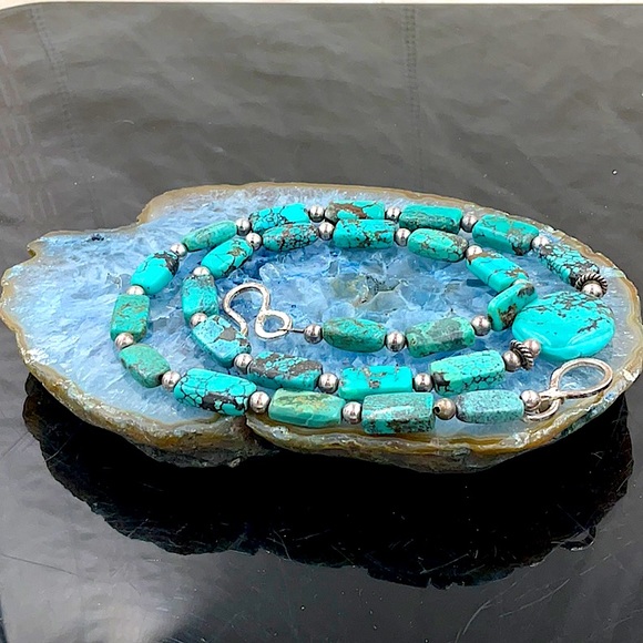 Vtg.20”Turquoise Necklace With Rectangle Shaped Stones&Round Center Stone - Picture 2 of 5